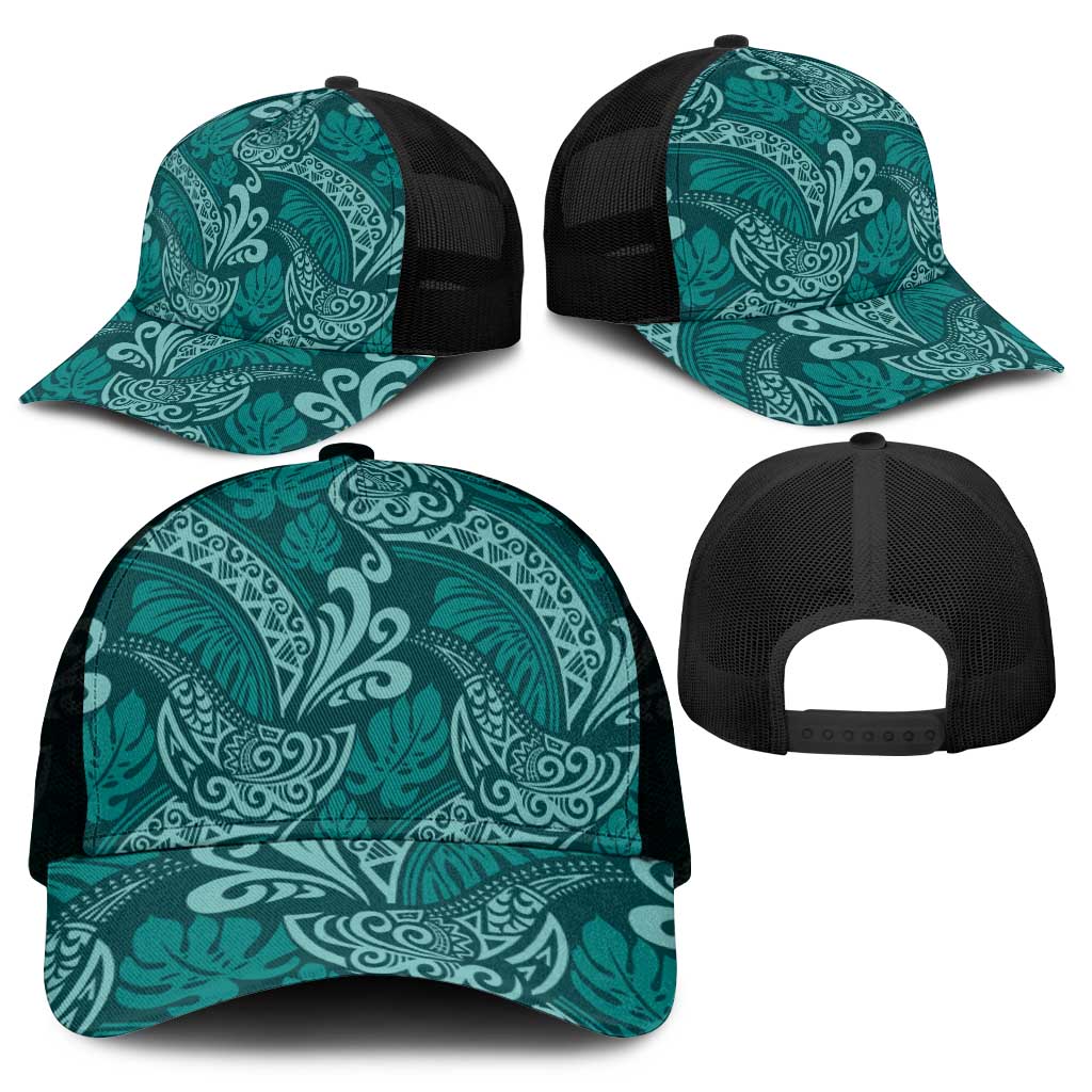 Teal Monstera Mesh Trucker Cap Polynesian Tribal Pattern - Polynesian Pride
