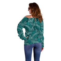 Teal Monstera Off Shoulder Sweater Polynesian Tribal Pattern - Polynesian Pride