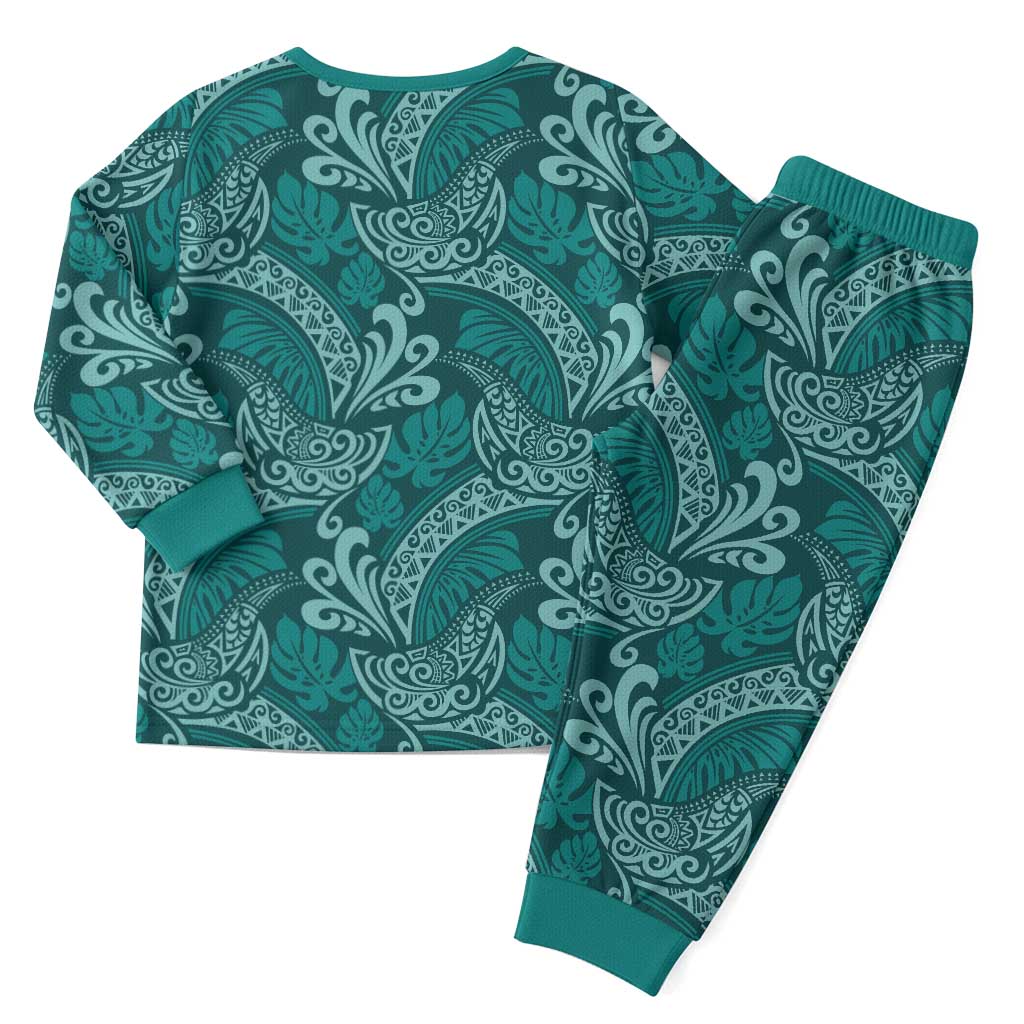 Teal Monstera Christmas Pajama Set Polynesian Tribal Pattern - Polynesian Pride