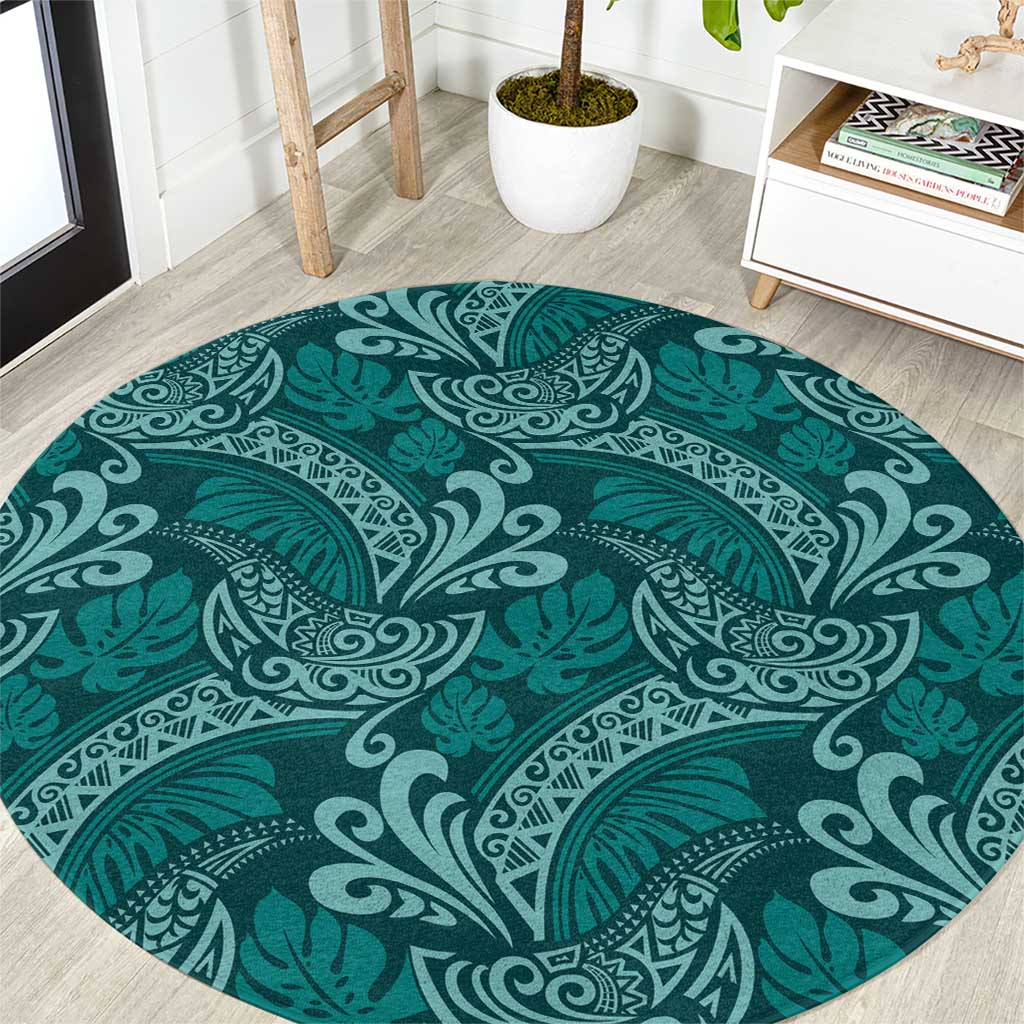 Teal Monstera Round Carpet Polynesian Tribal Pattern - Polynesian Pride
