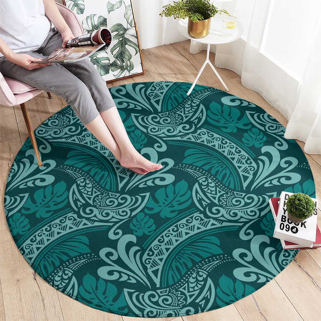 Teal Monstera Round Carpet Polynesian Tribal Pattern - Polynesian Pride