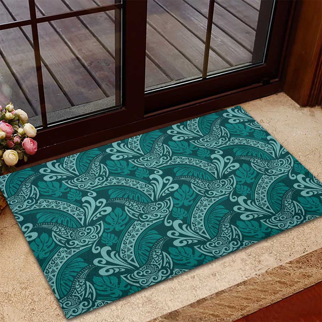 Teal Monstera Rubber Doormat Polynesian Tribal Pattern - Polynesian Pride