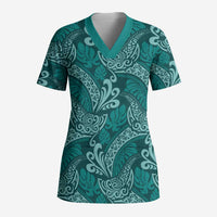 Teal Monstera Scrub Top Polynesian Tribal Pattern - Polynesian Pride