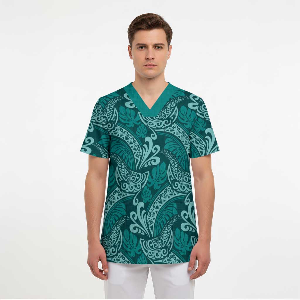 Teal Monstera Scrub Top Polynesian Tribal Pattern - Polynesian Pride
