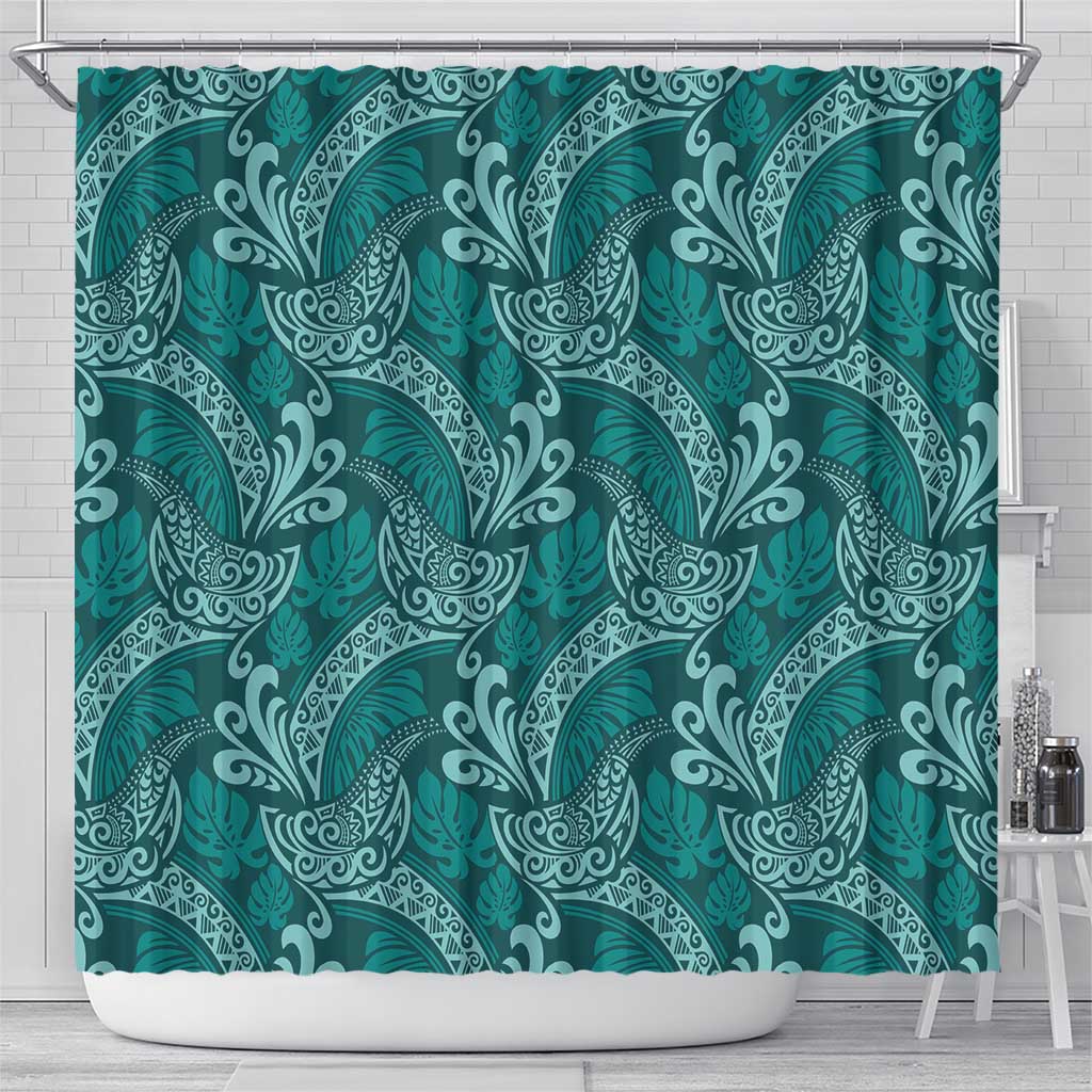 Teal Monstera Shower Curtain Polynesian Tribal Pattern - Polynesian Pride