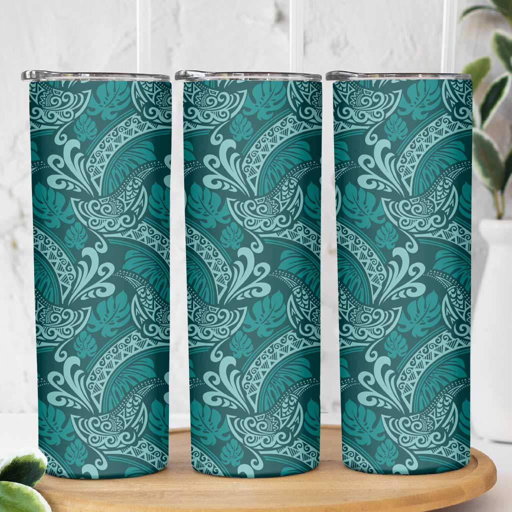 Teal Monstera Skinny Tumbler Polynesian Tribal Pattern - Polynesian Pride