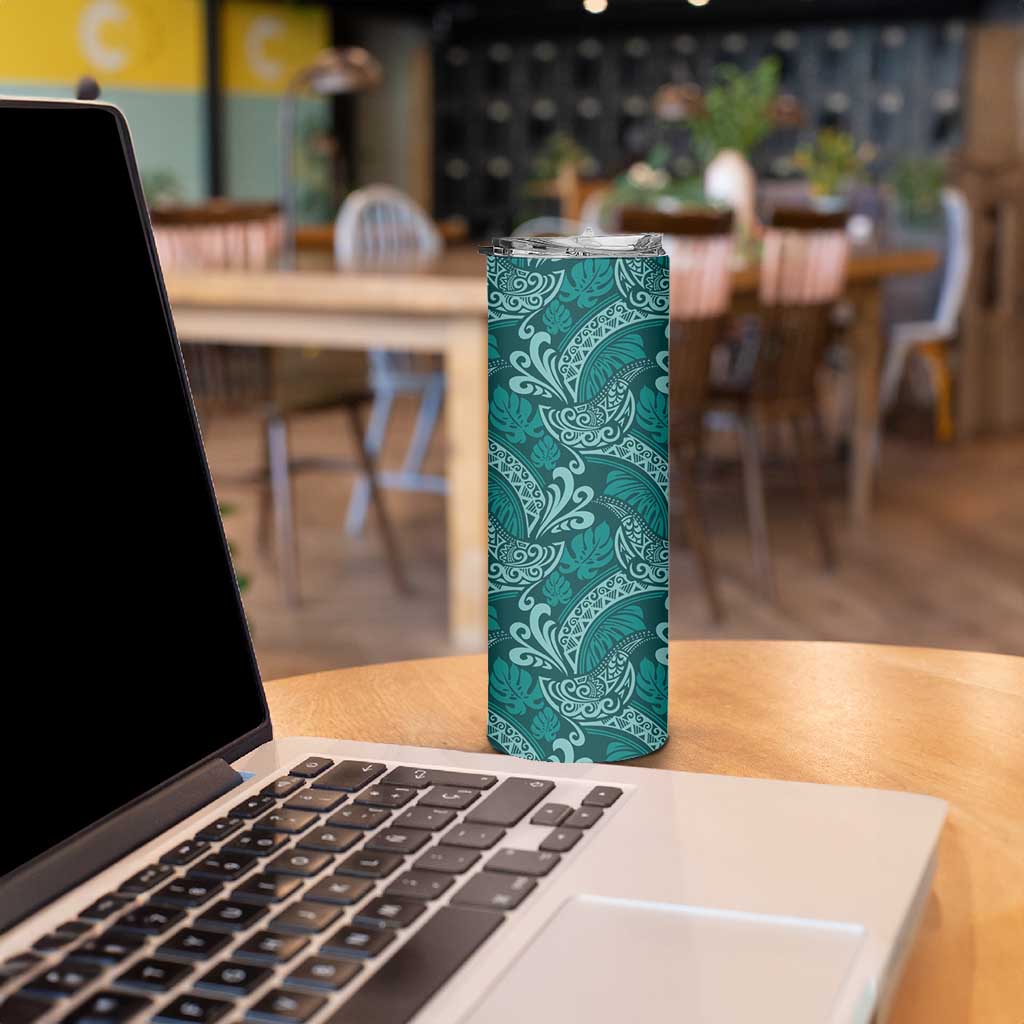 Teal Monstera Skinny Tumbler Polynesian Tribal Pattern - Polynesian Pride