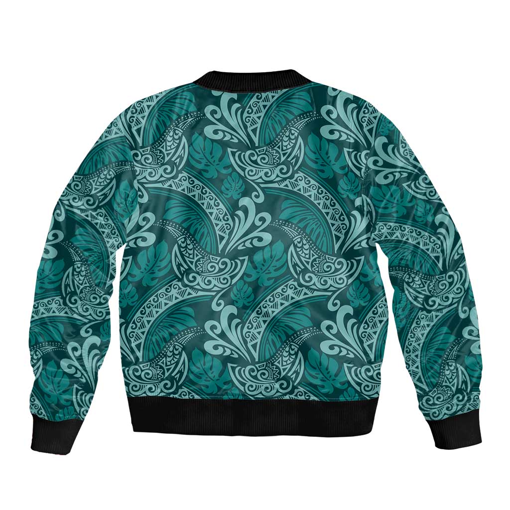 Teal Monstera Sleeve Zip Bomber Jacket Polynesian Tribal Pattern - Polynesian Pride