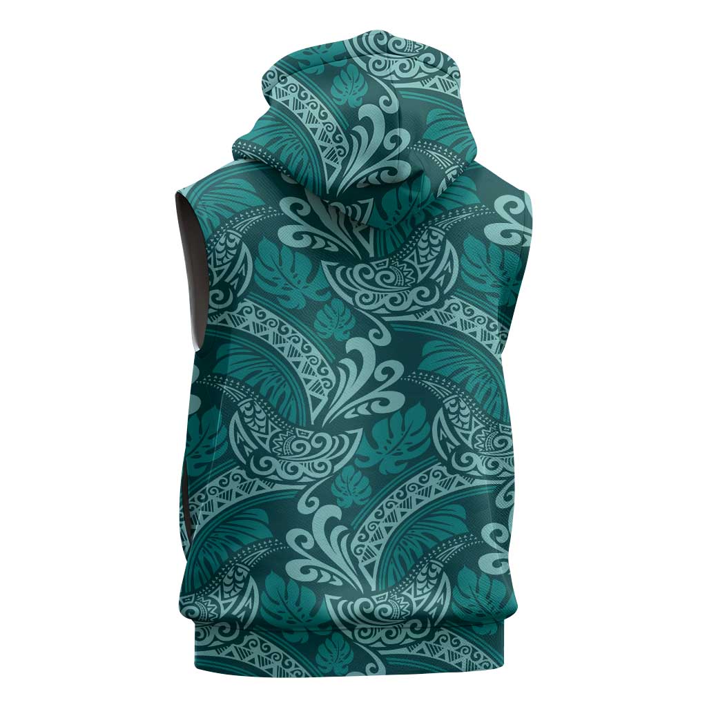 Teal Monstera Sleeveless Hoodie Polynesian Tribal Pattern - Polynesian Pride