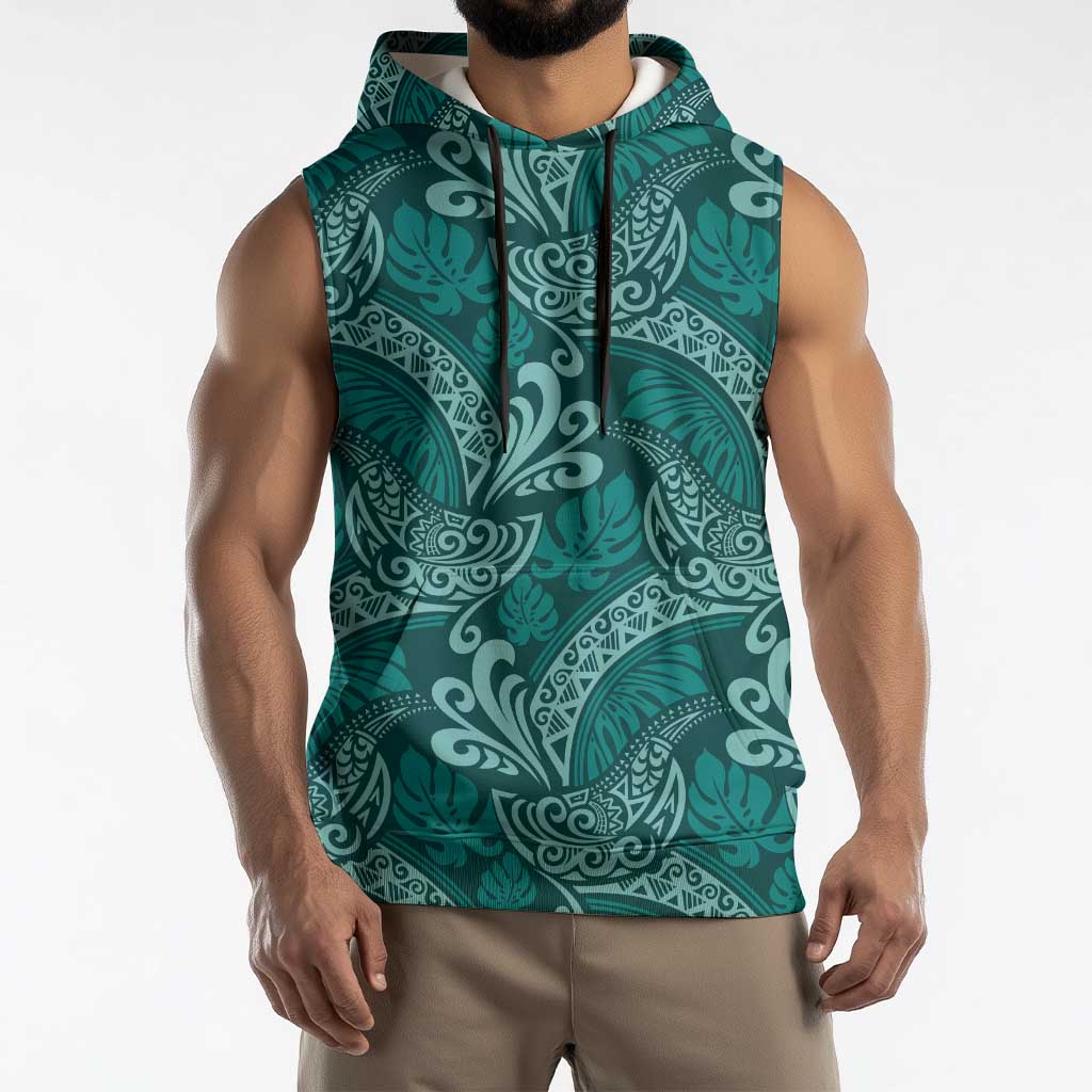 Teal Monstera Sleeveless Hoodie Polynesian Tribal Pattern - Polynesian Pride