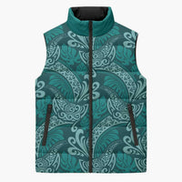 Teal Monstera Sleeveless Puffer Jacket Polynesian Tribal Pattern - Polynesian Pride