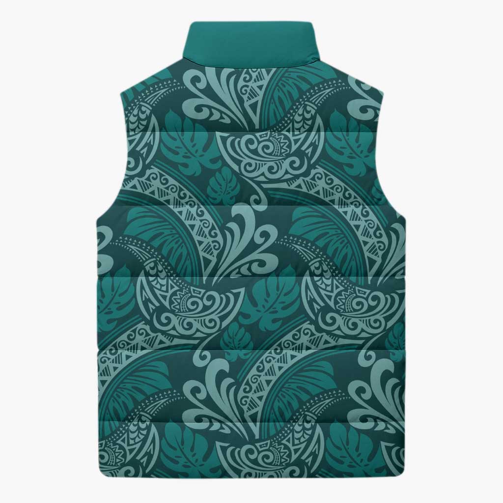 Teal Monstera Sleeveless Puffer Jacket Polynesian Tribal Pattern - Polynesian Pride