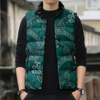 Teal Monstera Sleeveless Puffer Jacket Polynesian Tribal Pattern - Polynesian Pride