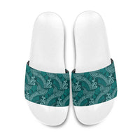 Teal Monstera Slide Sandals Polynesian Tribal Pattern - Polynesian Pride