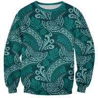 Teal Monstera Sweatshirt Polynesian Tribal Pattern - Polynesian Pride