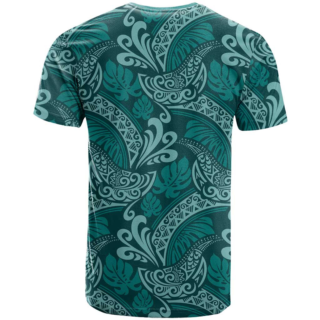 Teal Monstera T Shirt Polynesian Tribal Pattern - Polynesian Pride
