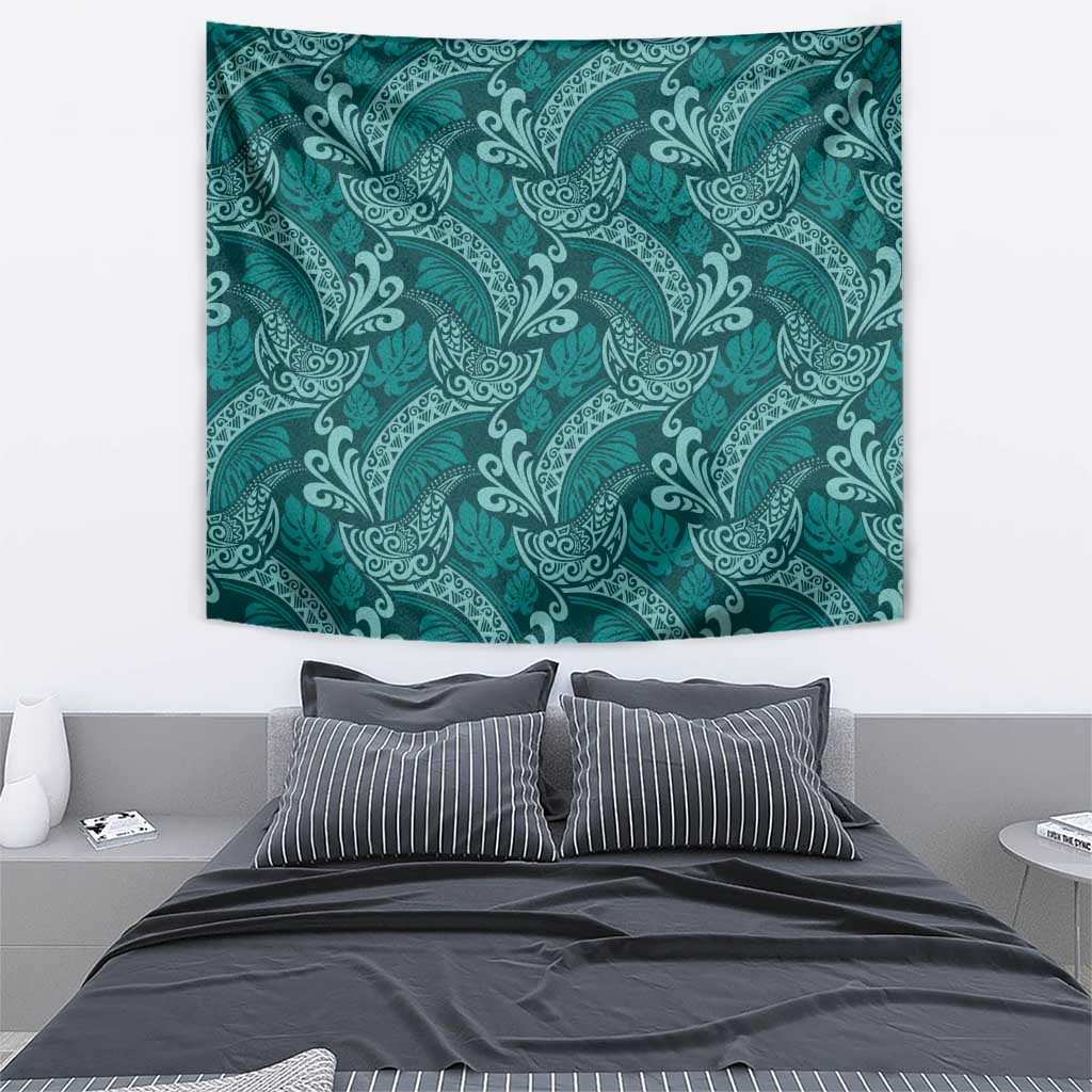 Teal Monstera Tapestry Polynesian Tribal Pattern - Polynesian Pride