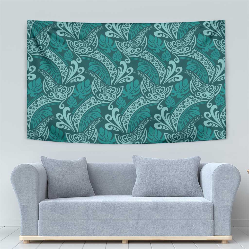 Teal Monstera Tapestry Polynesian Tribal Pattern - Polynesian Pride