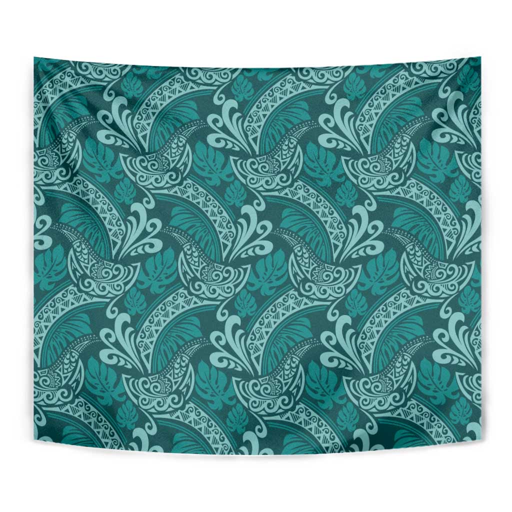 Teal Monstera Tapestry Polynesian Tribal Pattern - Polynesian Pride