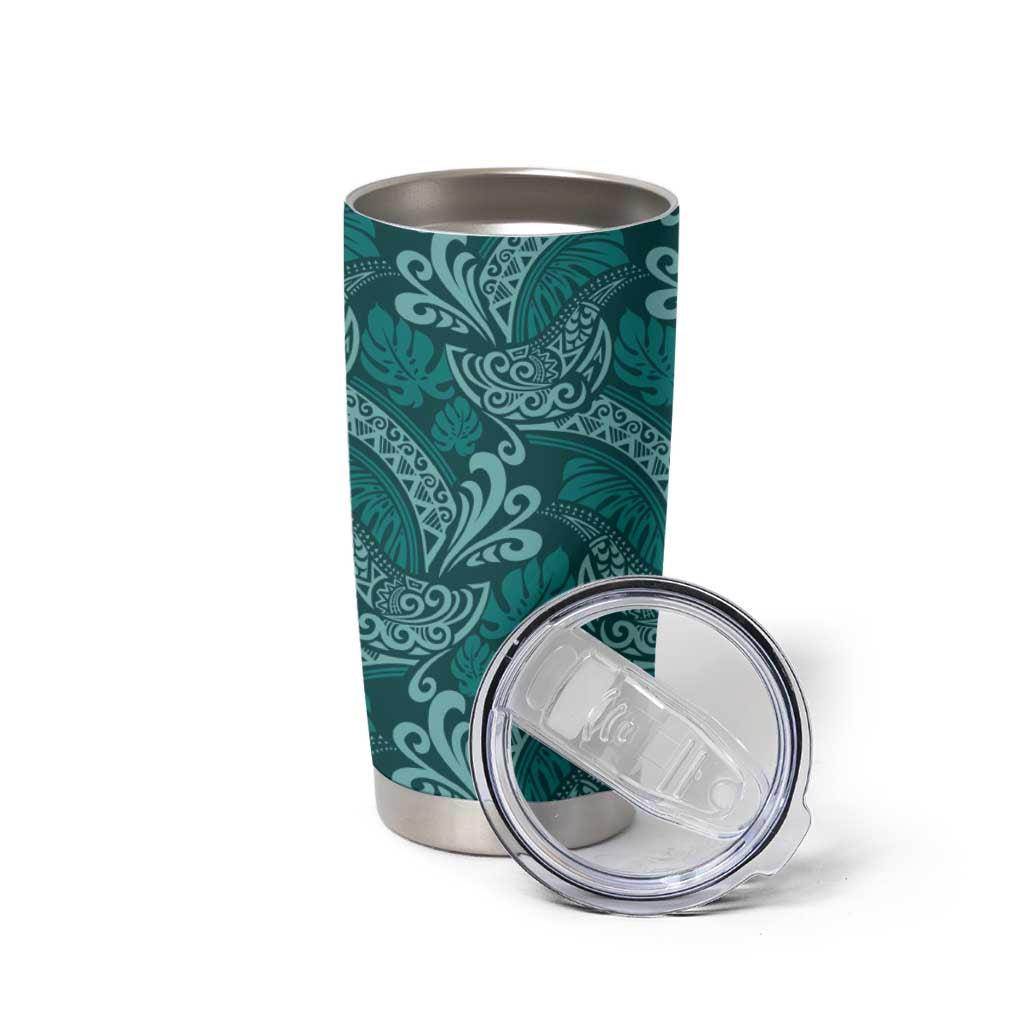Teal Monstera Tumbler Cup Polynesian Tribal Pattern - Polynesian Pride