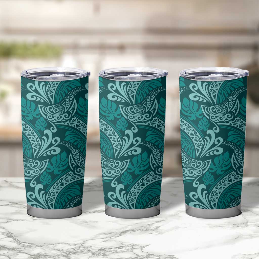 Teal Monstera Tumbler Cup Polynesian Tribal Pattern - Polynesian Pride