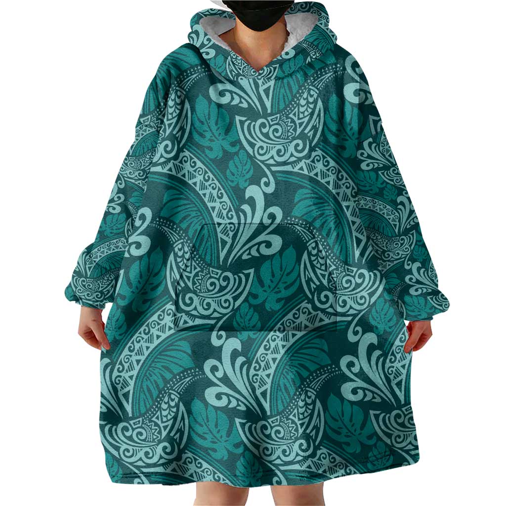 Teal Monstera Wearable Blanket Hoodie Polynesian Tribal Pattern - Polynesian Pride