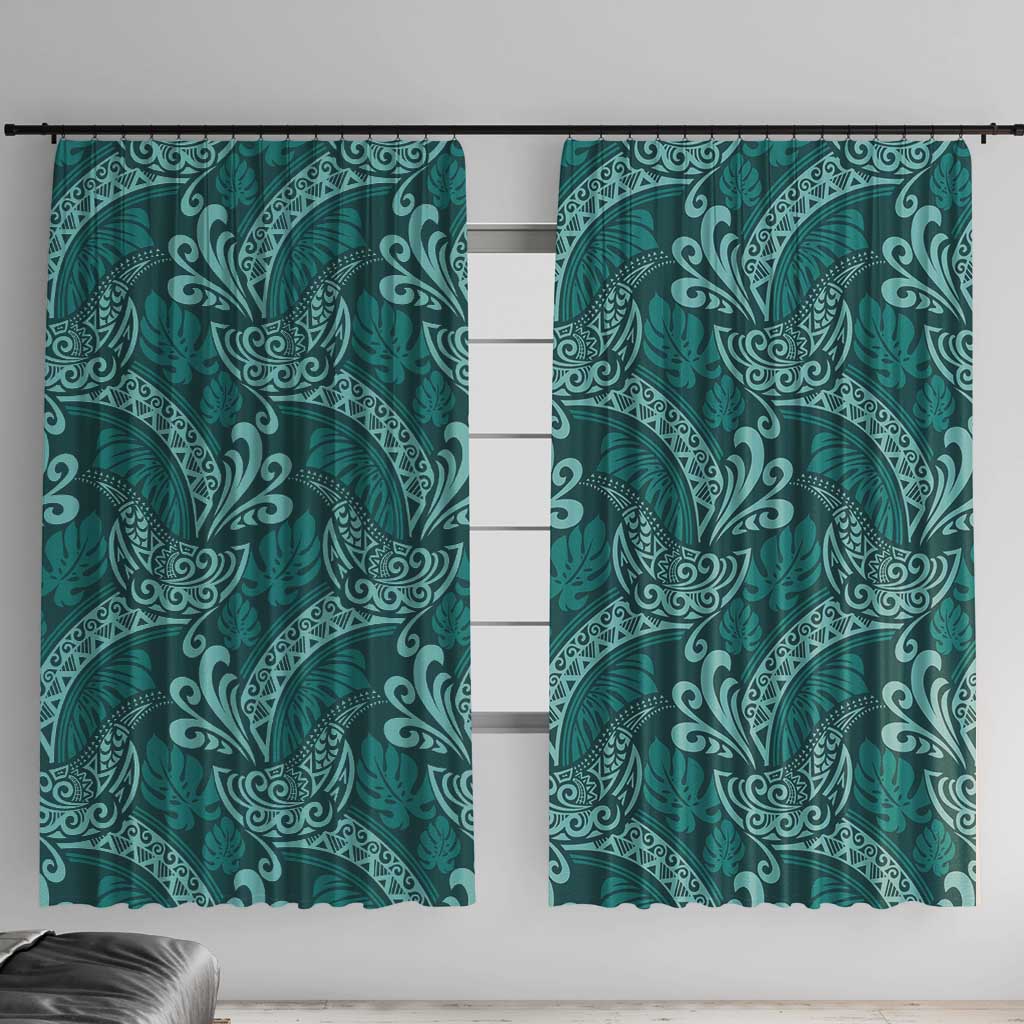 Teal Monstera Window Curtain Polynesian Tribal Pattern - Polynesian Pride