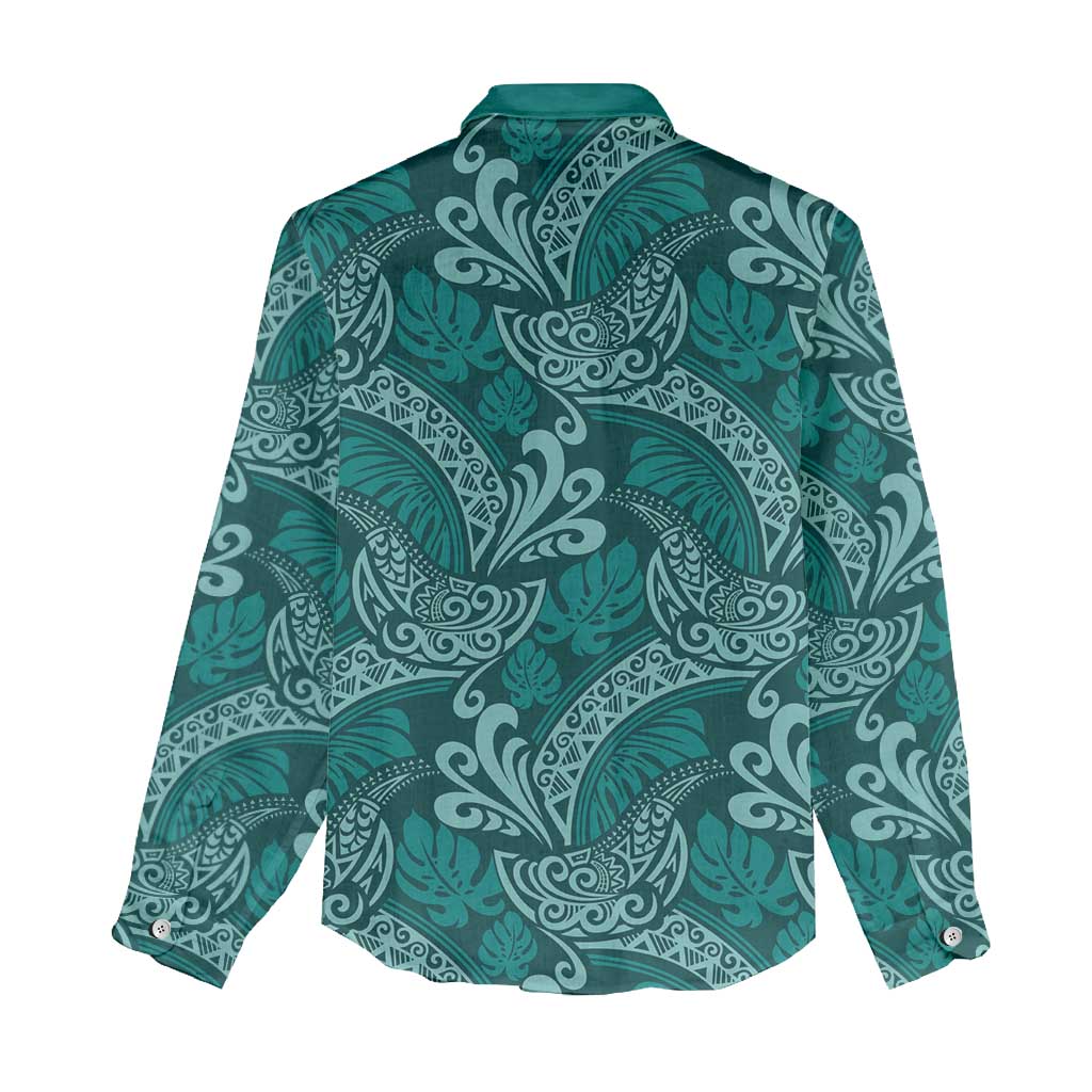 Teal Monstera Women Casual Shirt Polynesian Tribal Pattern - Polynesian Pride