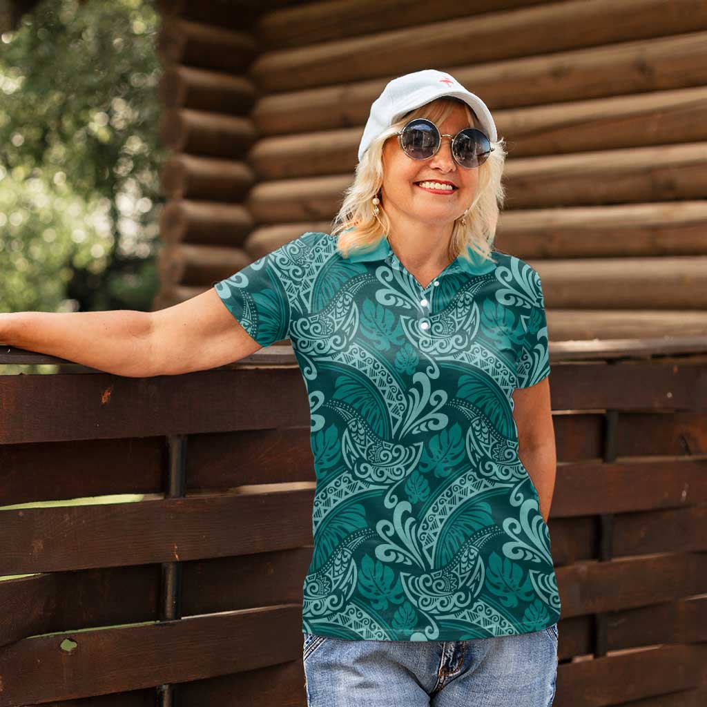 Teal Monstera Women Polo Shirt Polynesian Tribal Pattern - Polynesian Pride