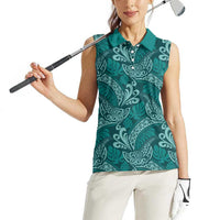 Teal Monstera Women Sleeveless Polo Shirt Polynesian Tribal Pattern - Polynesian Pride