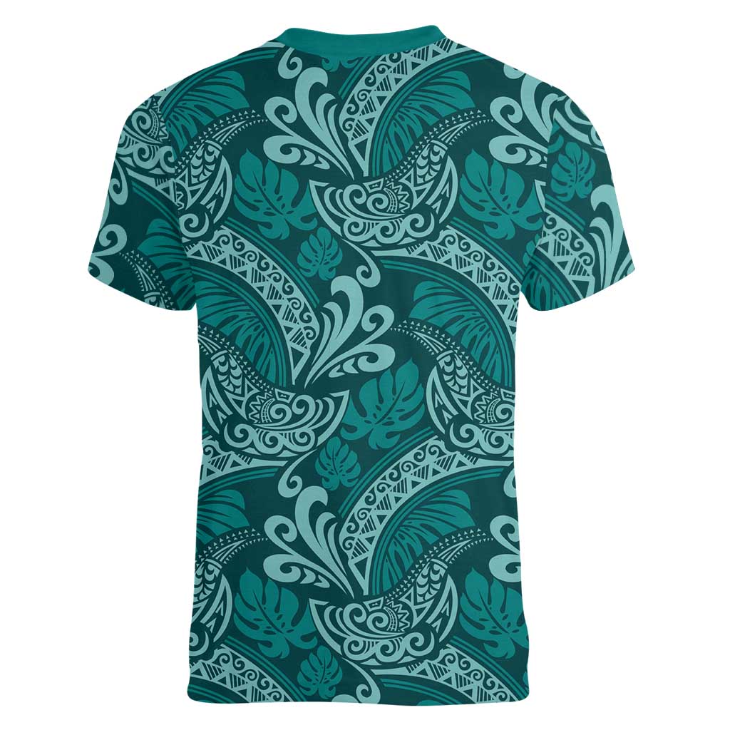 Teal Monstera Women V-Neck T-Shirt Polynesian Tribal Pattern - Polynesian Pride