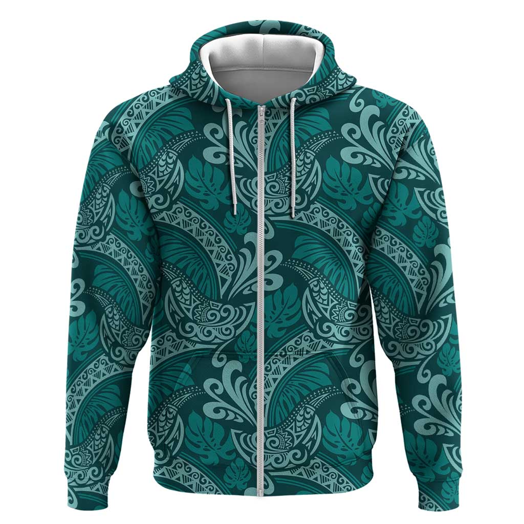 Teal Monstera Zip Hoodie Polynesian Tribal Pattern - Polynesian Pride