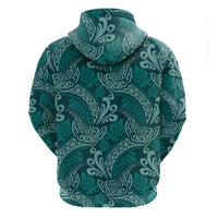 Teal Monstera Zip Hoodie Polynesian Tribal Pattern - Polynesian Pride