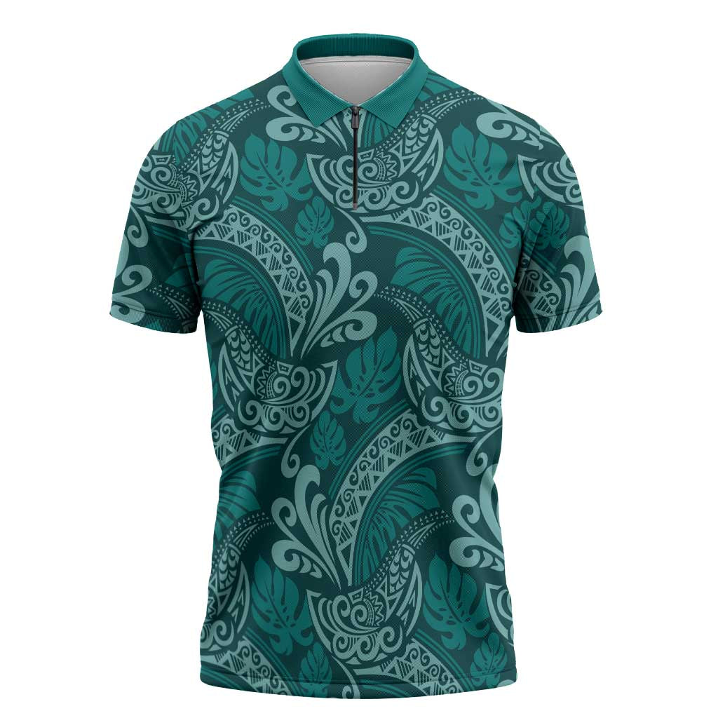 Teal Monstera Zipper Polo Shirt Polynesian Tribal Pattern - Polynesian Pride