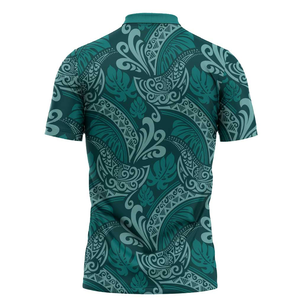 Teal Monstera Zipper Polo Shirt Polynesian Tribal Pattern - Polynesian Pride