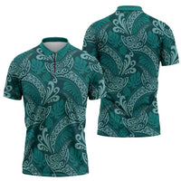 Teal Monstera Zipper Polo Shirt Polynesian Tribal Pattern - Polynesian Pride