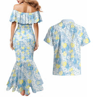 Anthurium Plumeria Lei Pastel Couples Matching Mermaid Dress and Hawaiian Shirt Blue Hawaiian Splendid Palaka