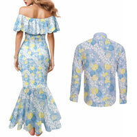 Anthurium Plumeria Lei Pastel Couples Matching Mermaid Dress and Long Sleeve Button Shirt Blue Hawaiian Splendid Palaka LT01 - Polynesian Pride