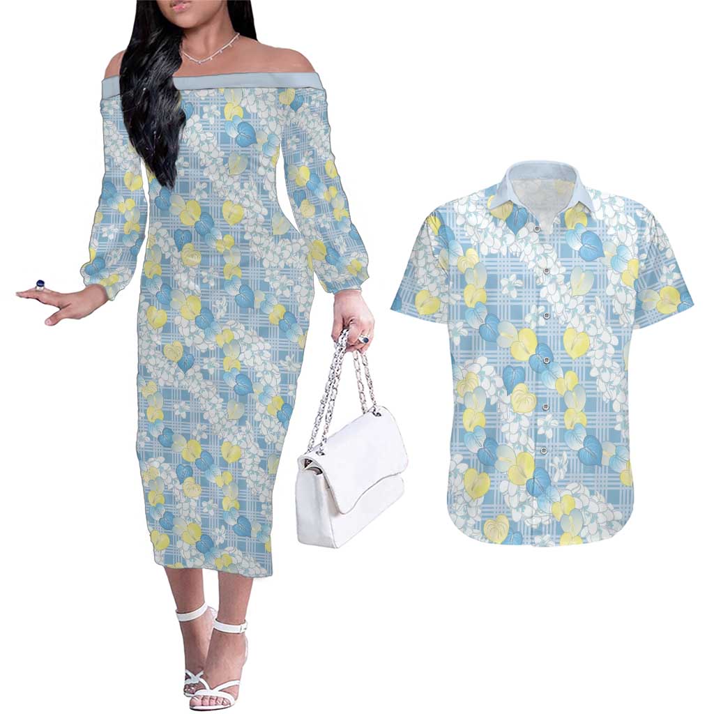 Anthurium Plumeria Lei Pastel Couples Matching Off The Shoulder Long Sleeve Dress and Hawaiian Shirt Blue Hawaiian Splendid Palaka
