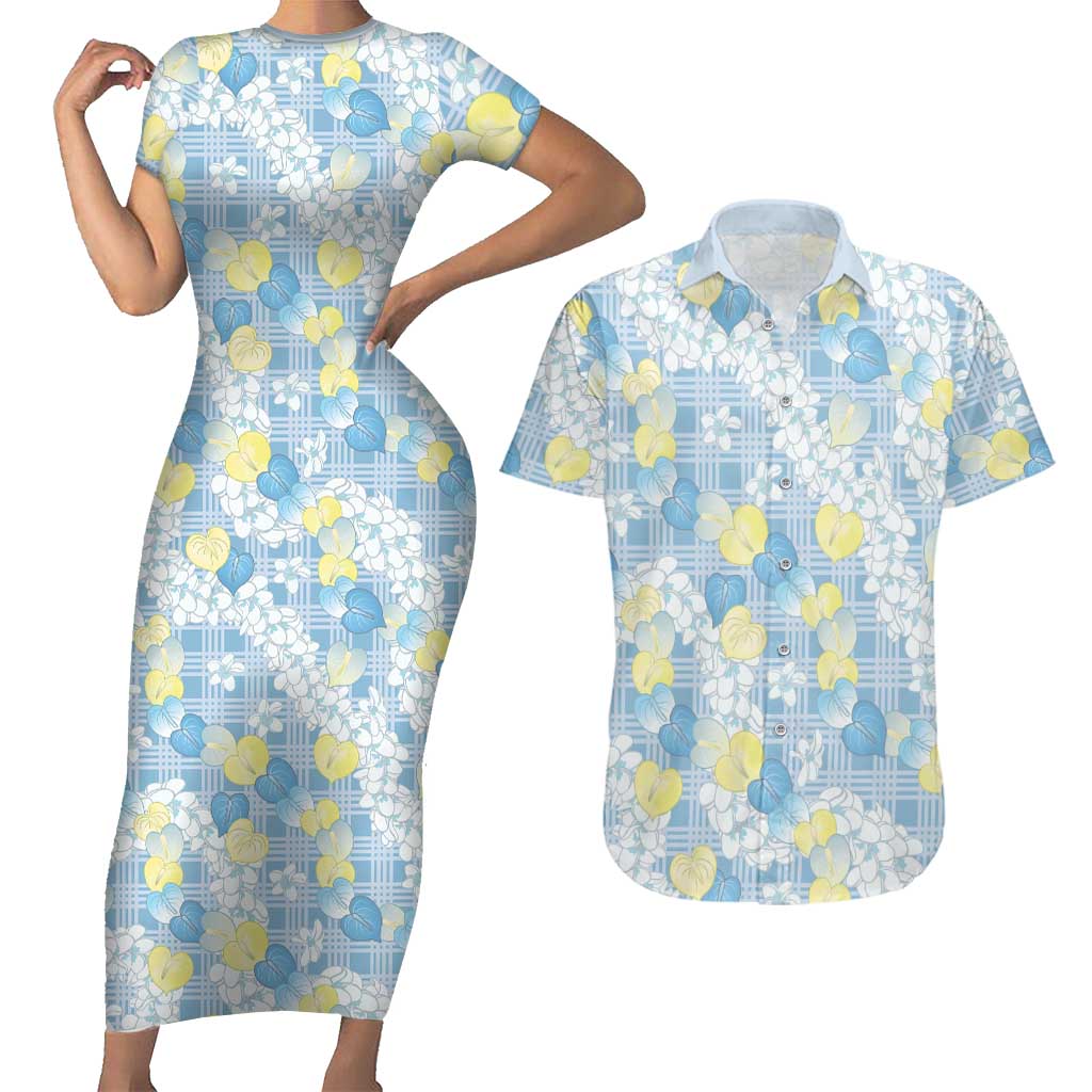 Anthurium Plumeria Lei Pastel Couples Matching Short Sleeve Bodycon Dress and Hawaiian Shirt Blue Hawaiian Splendid Palaka
