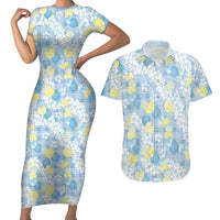 Anthurium Plumeria Lei Pastel Couples Matching Short Sleeve Bodycon Dress and Hawaiian Shirt Blue Hawaiian Splendid Palaka