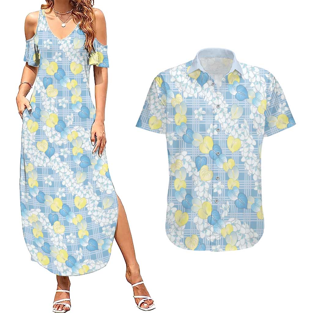 Anthurium Plumeria Lei Pastel Couples Matching Summer Maxi Dress and Hawaiian Shirt Blue Hawaiian Splendid Palaka LT01 Blue - Polynesian Pride