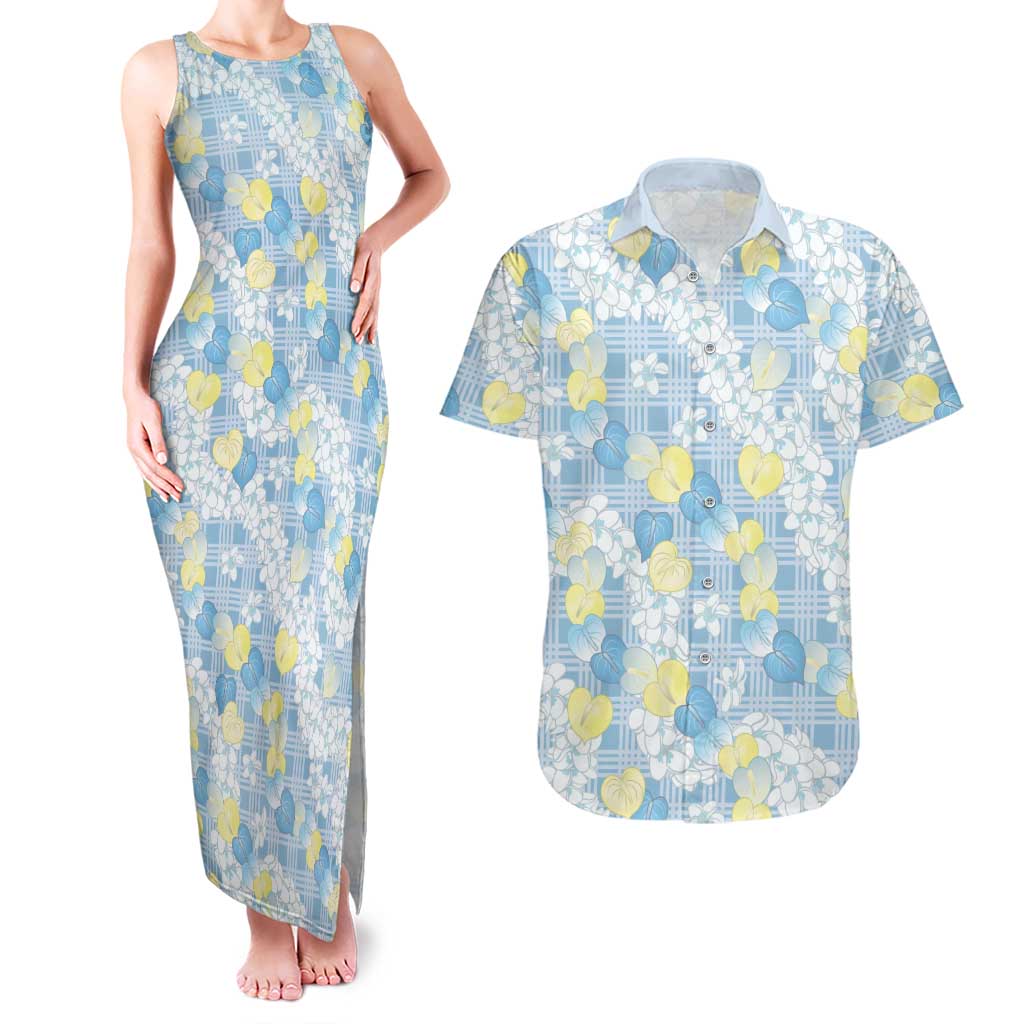 Anthurium Plumeria Lei Pastel Couples Matching Tank Maxi Dress and Hawaiian Shirt Blue Hawaiian Splendid Palaka LT01 Blue - Polynesian Pride