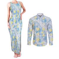 Anthurium Plumeria Lei Pastel Couples Matching Tank Maxi Dress and Long Sleeve Button Shirt Blue Hawaiian Splendid Palaka