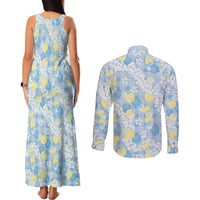 Anthurium Plumeria Lei Pastel Couples Matching Tank Maxi Dress and Long Sleeve Button Shirt Blue Hawaiian Splendid Palaka