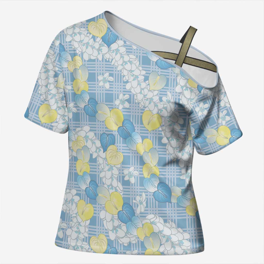 Anthurium Plumeria Lei Pastel Cross Shoulder Shirt Blue Hawaiian Splendid Palaka LT01 Female Blue - Polynesian Pride