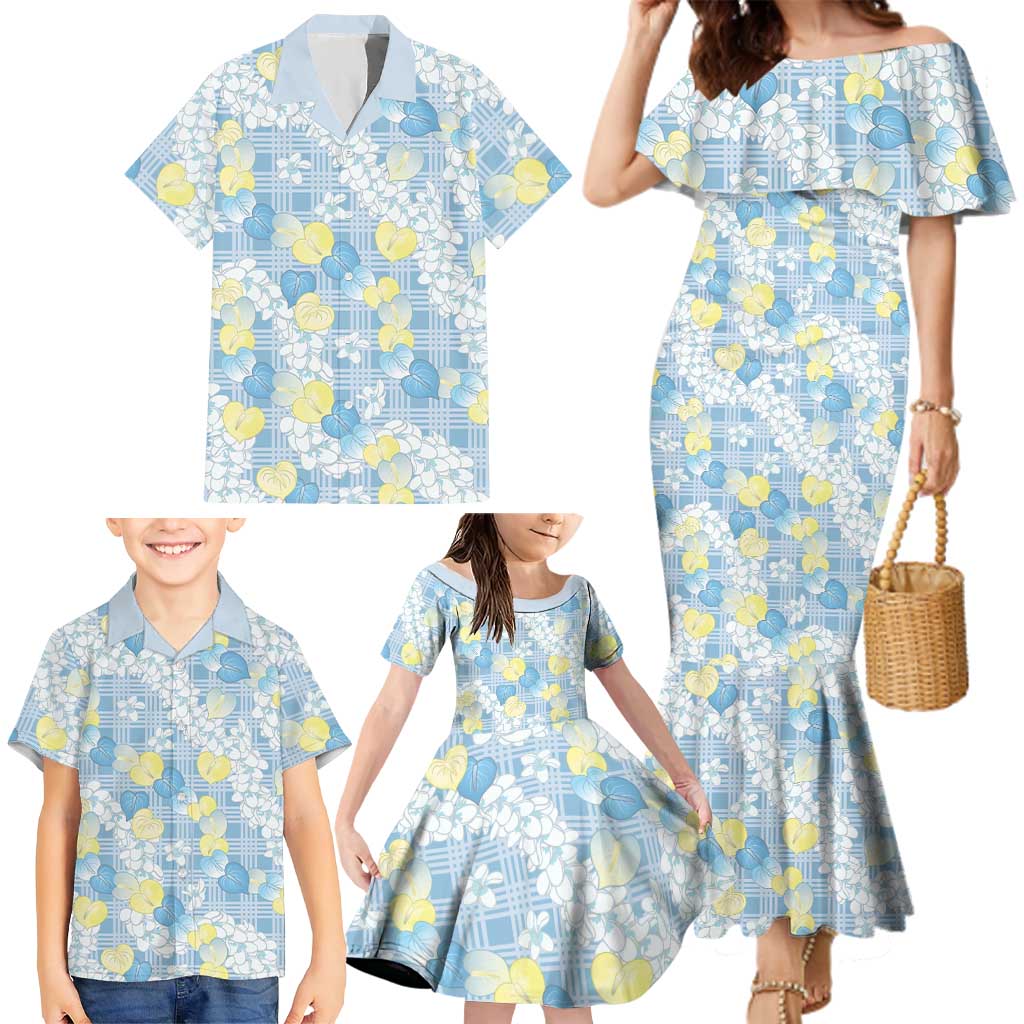 Anthurium Plumeria Lei Pastel Family Matching Mermaid Dress and Hawaiian Shirt Blue Hawaiian Splendid Palaka LT01 - Polynesian Pride