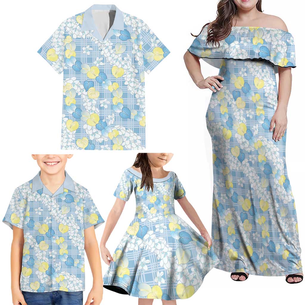 Anthurium Plumeria Lei Pastel Family Matching Off Shoulder Maxi Dress and Hawaiian Shirt Blue Hawaiian Splendid Palaka