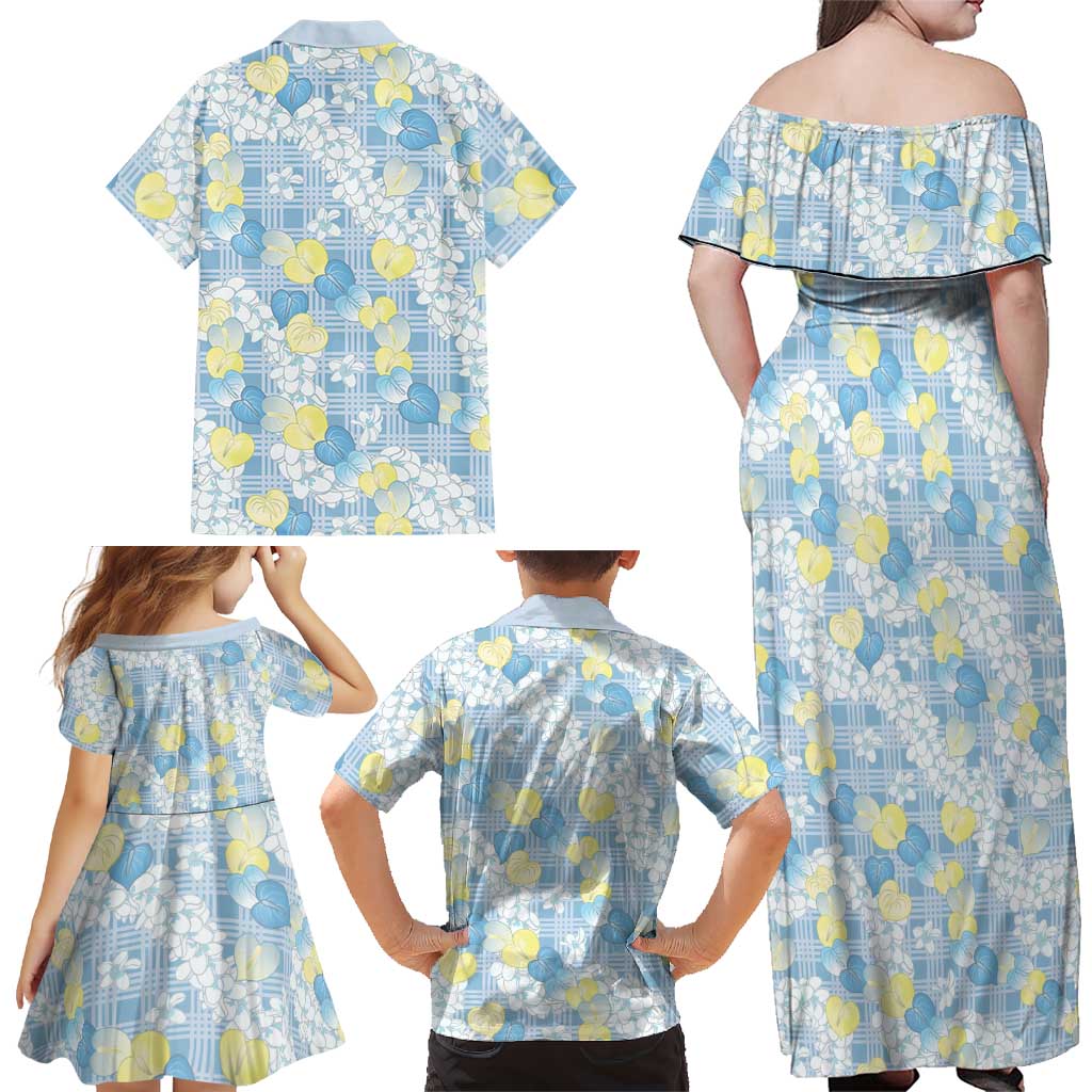 Anthurium Plumeria Lei Pastel Family Matching Off Shoulder Maxi Dress and Hawaiian Shirt Blue Hawaiian Splendid Palaka