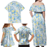 Anthurium Plumeria Lei Pastel Family Matching Off Shoulder Maxi Dress and Hawaiian Shirt Blue Hawaiian Splendid Palaka